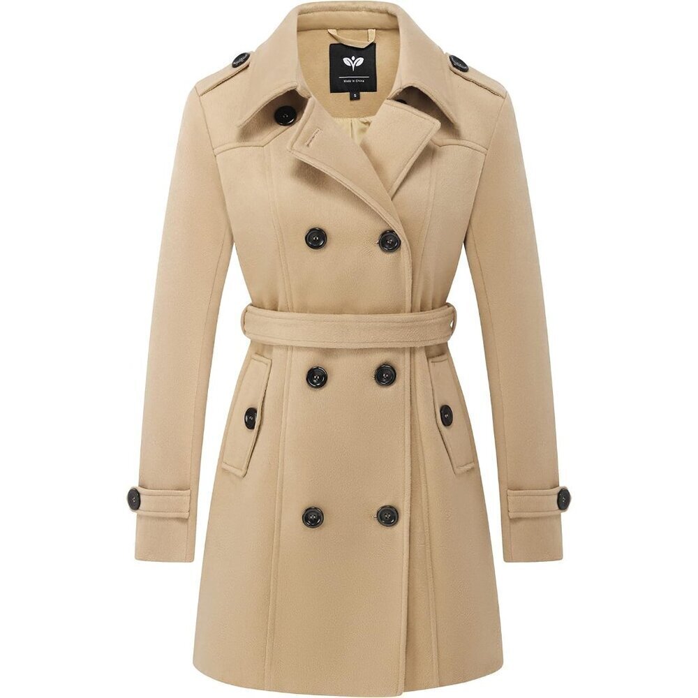 Women's Double Breasted Pea Coat Slim Mid-Long Trench Coat Winter Windproof Outw